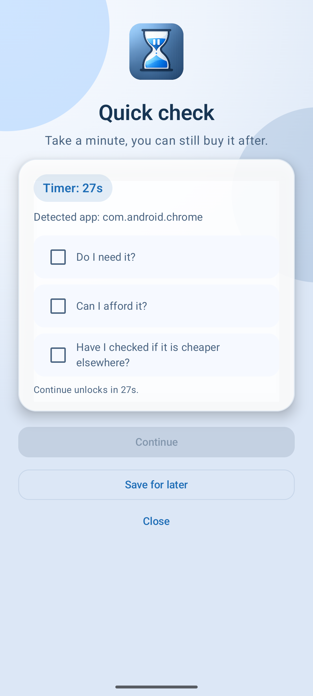 CannyMinute Quick check screen showing timer and reflection prompts before checkout.